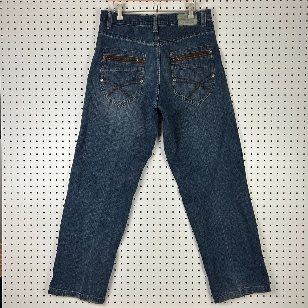 Evolution in Design Y2K Stitched Baggy Jeans 32x34 Wide Leg Zipper READ Blue 90s